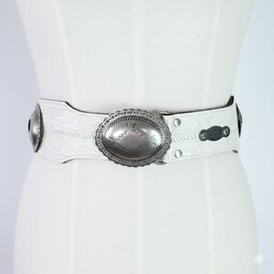 Al Beres 31-35" Belt Henry Lehr Stamp White Leather Steel Punched Concho Vintage